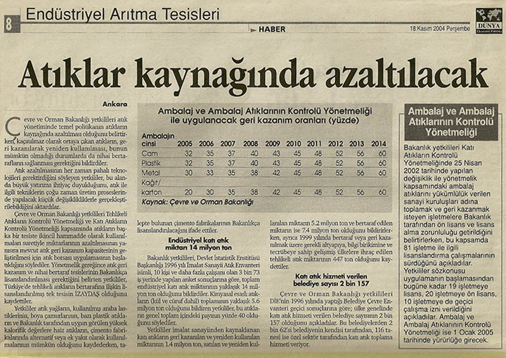 ATIKLAR KAYNAĞINDA AZALTILACAK 18.11.2004