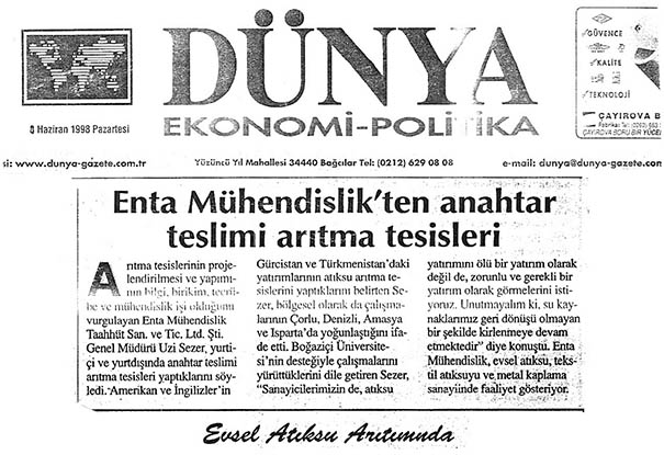 ENTA MÜHENDİSLİK’TEN ANAHTAR TESLİMİ ARITMA SİSTEMLERİ 03.06.1998